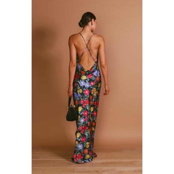 Show Me Your Mumu Hailey Slip Dress in Charm Peony Black Luxe Satin L - Picture 3 of 8